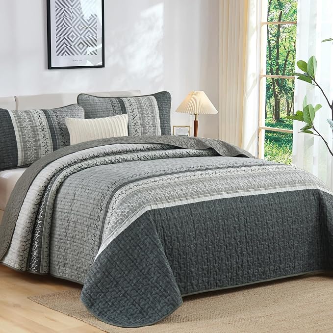 Cottolester Gery Quilt Set Queen, Soft Striped Texture Bedspread Coverlet | - Image 2