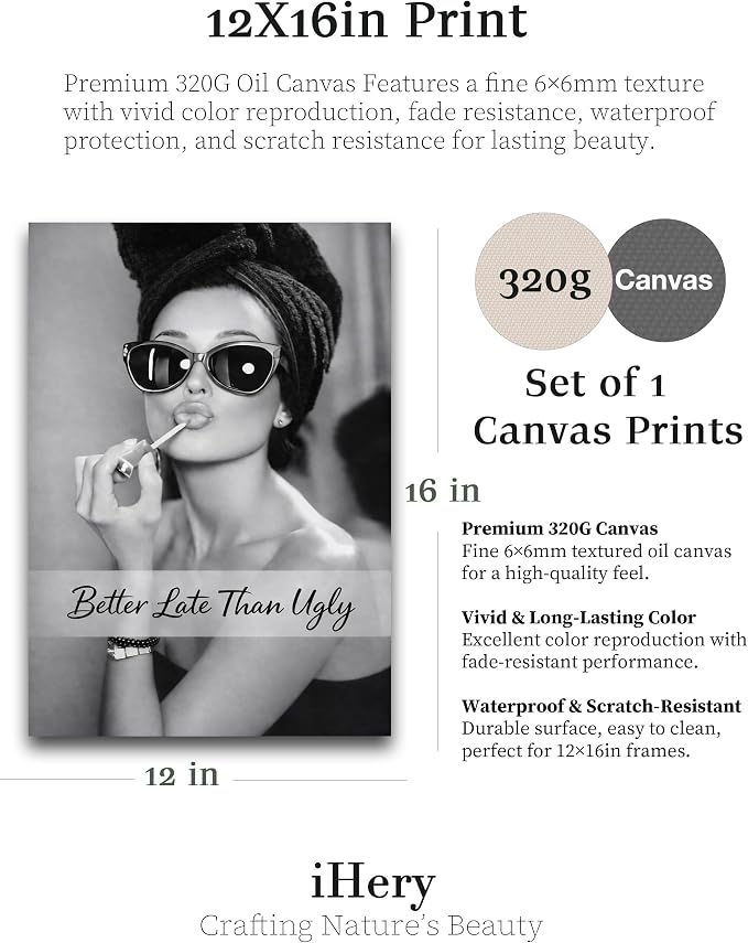 iHery 12x16in Hepburn Better Late Than Ugly Unframed Bathroom Wall Art | - Image 3