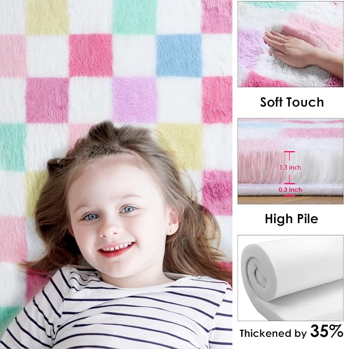 KICMOR Pink Rainbow Area Rugs for Bedroom Living Room, 4x6 Fluffy Soft Colorful - Image 2