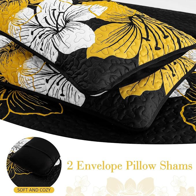 DJY Black Quilt Set King Gold Floral Pattern Quilt Coverlet Set Gorgeous Boho - Image 7