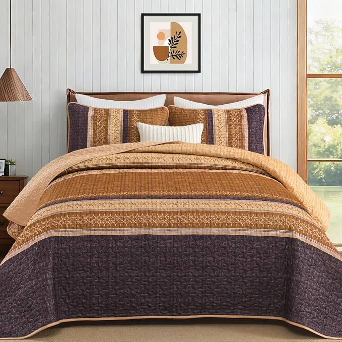 Cottolester Fall Quilt Set King, Burnt Orange Striped Patchwork Bedspread | by Cottolester
