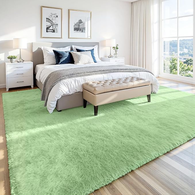 8x10 Fluffy Area Rug for Living Room: Non-Slip Light Green Bedroom Carpet | - Image 3
