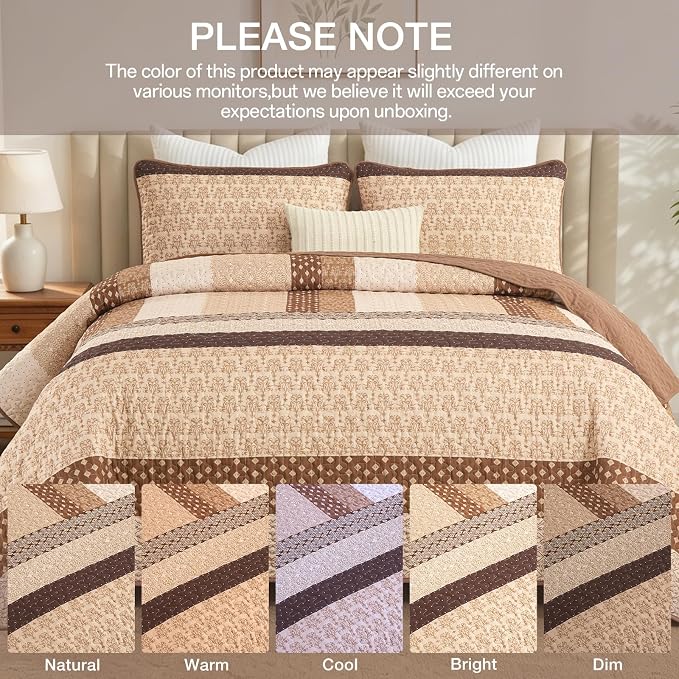WONGS BEDDING Brown Stripe Quilt Set, 3 Pieces Boho Bedspread Queen Size | - Image 8