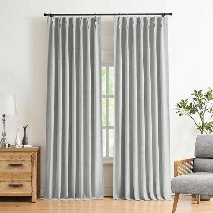 Vision Home Light Gray Pinch Pleated Full Blackout Curtains Linen Blended Room - Image 2