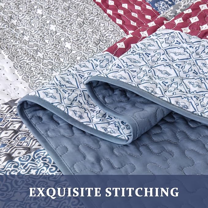 WONGS BEDDING Boho Quilt King Size, Patchwork Bedding Set, 3 Pieces Plaid - Image 6