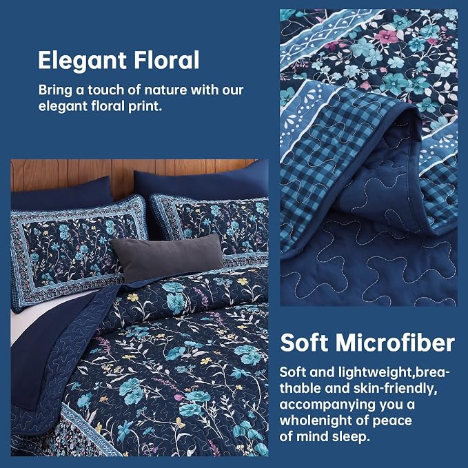 WONGS BEDDING Floral Quilts Set Queen, Microfiber Lightweight Farmhouse Bed - Image 4