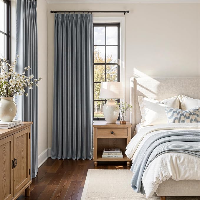 Light Blue Velvet Pinch Pleat Blackout Curtains, 96 Inches Long Thermal - Image 7