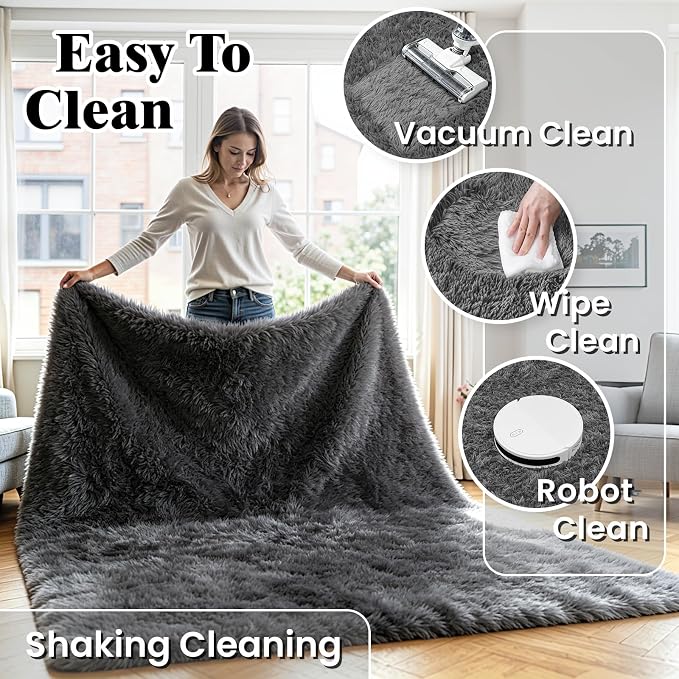 5x8 Fluffy Area Rug for Living Room: Soft Non-Slip Grey Shag Bedroom Carpet | - Image 6