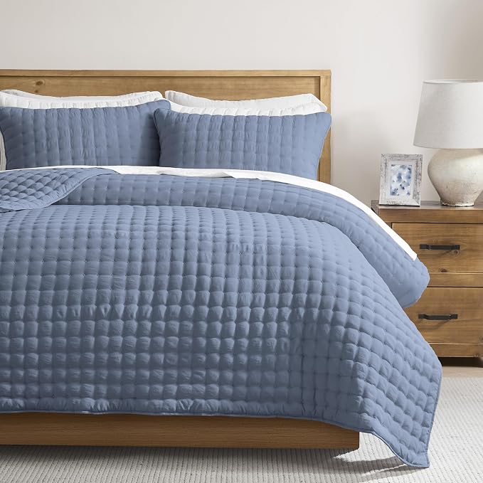 WDCOZY Dusty Blue Cloud Quilt Set King Size, Lightweight Soft Cross Stitch by WDCOZY