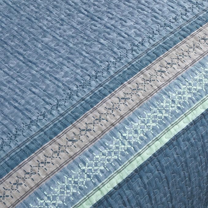 Cottolester Blue Quilt Set Queen, Striped Patchwork Quilt Bedding Set 3 Pcs | - Image 4