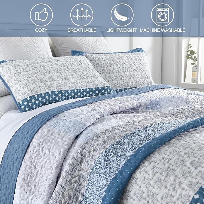 WONGS BEDDING Blue Quilt King Size, 3 Pieces Boho Striped Bedspreads | - Image 5