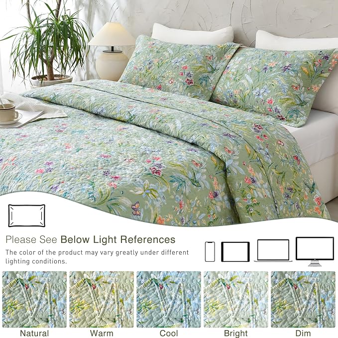 QSH 3Pcs Oversized King Bedspread Set, 100% Cotton Green Floral Quilt Bedding - Image 8