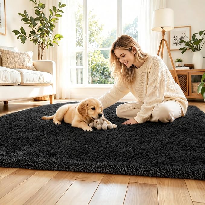 6x9 Black Shag Area Rug for Living Room, Soft Plush Fluffy Carpet | Non-Slip - Image 2