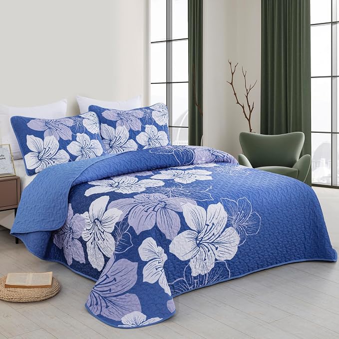 DJY Gradient Blue Quilt Set King 3 Pieces Floral Summer Bedding Quilt Set Soft - Image 2