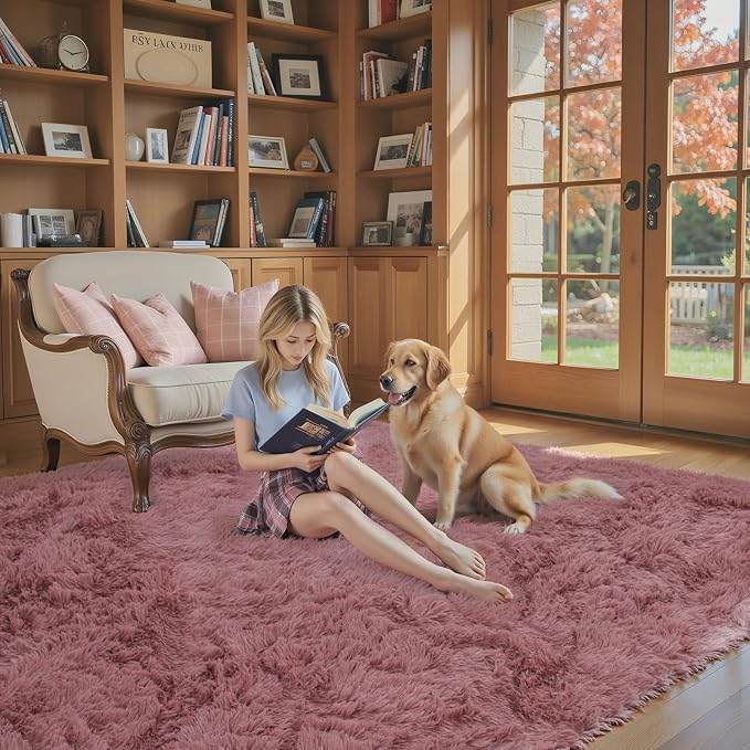 5x8 Blush Shag Area Rug for Living Room, Fluffy Plush Carpet | Non-Slip Large - Image 3