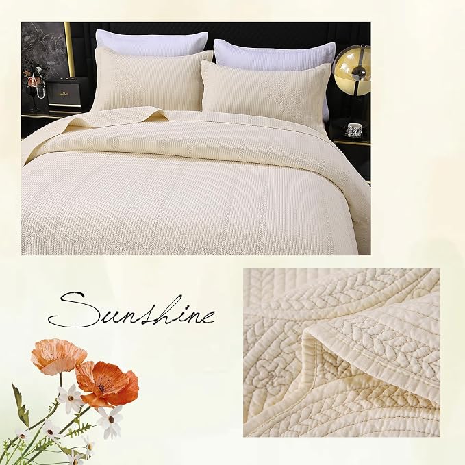 ROOMLIFE Quilt Set Queen Size 3D Floral Embroidery Pattern 3-Piece Cotton - Image 6