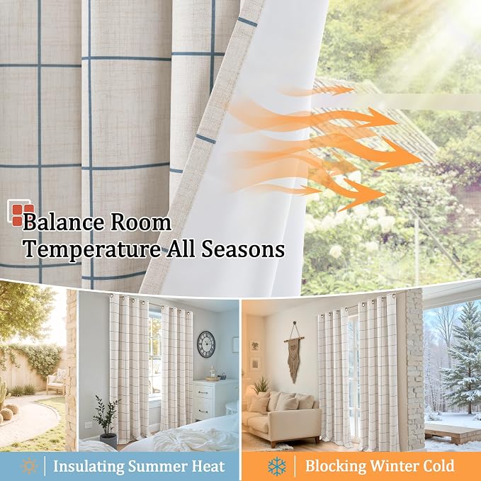 Navy Blue Plaid Linen Blackout Curtains - Image 7