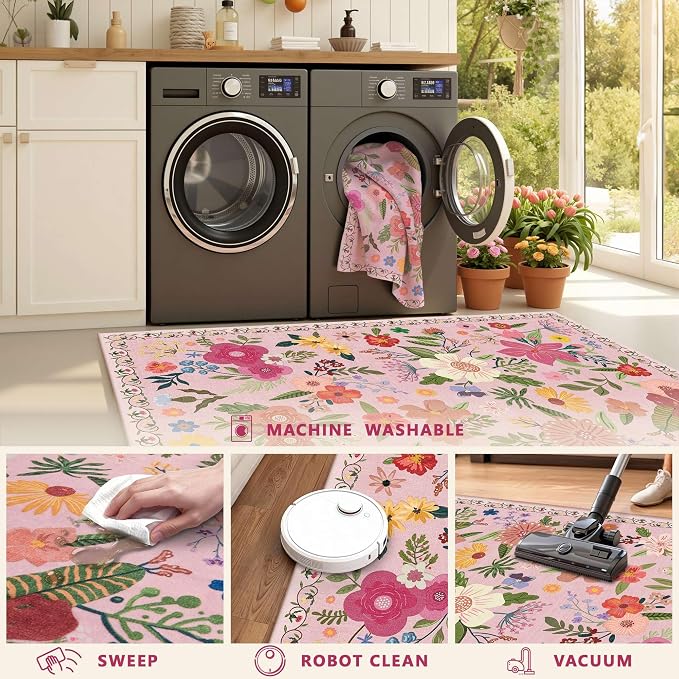 Latte&Fog Floral Entryway Area Rug, 2x3 Washable Pink Rugs - Image 6