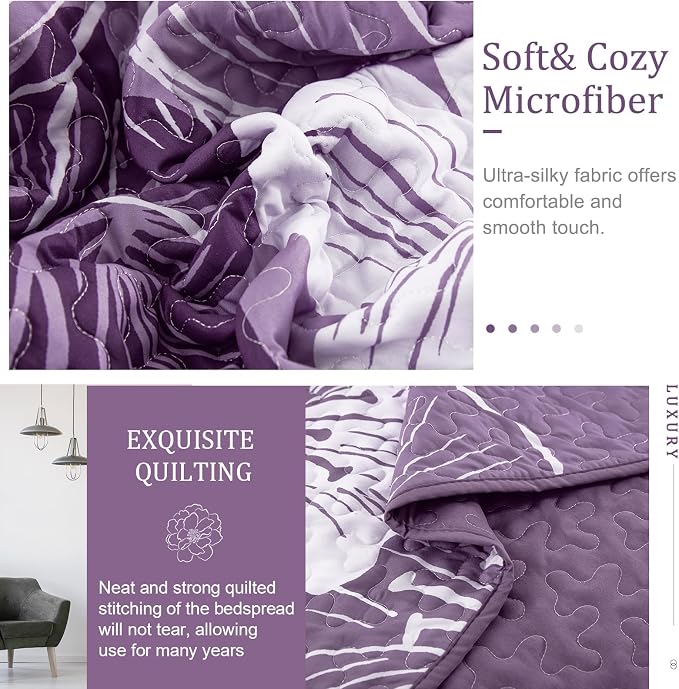 DJY Quilt California King Size, Dark Purple Floral Bedspread Coverlet 3 Pcs | - Image 5