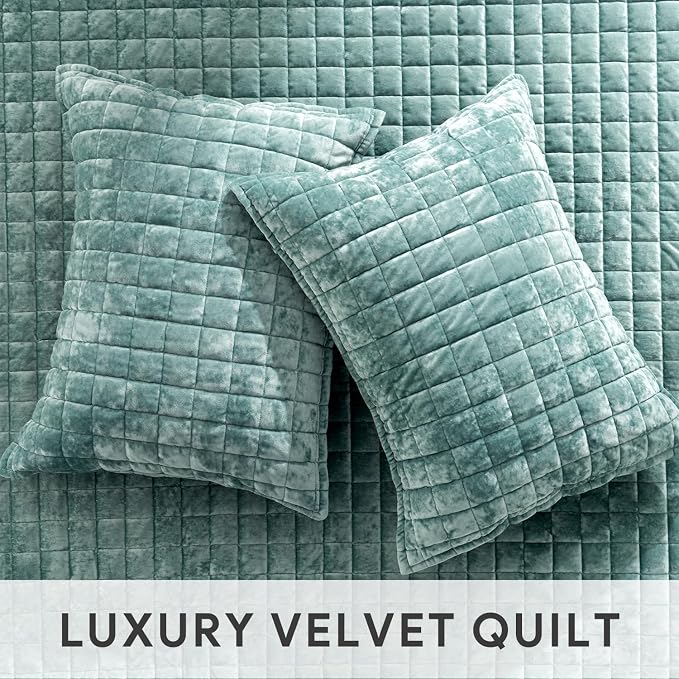 RECYCO Channel Box Stitch Velvet Quilt Set, King Size, Aqua Green | Ultra Soft - Image 4