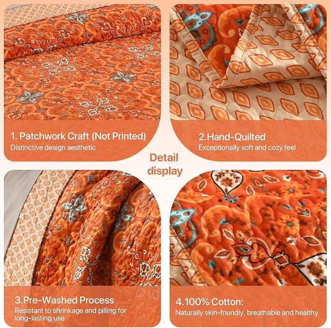 Boho Quilt Twin Set, 3-Piece Hand-Quilted Bedspread, Lightweight All Season - Image 3