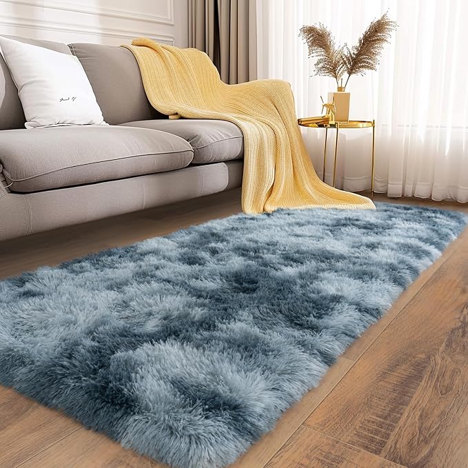 Soft Runner Rugs for Bedroom Hallways, 2x5 Tie-Dyed Blue Grey Fluffy Shag Throw - Image 4