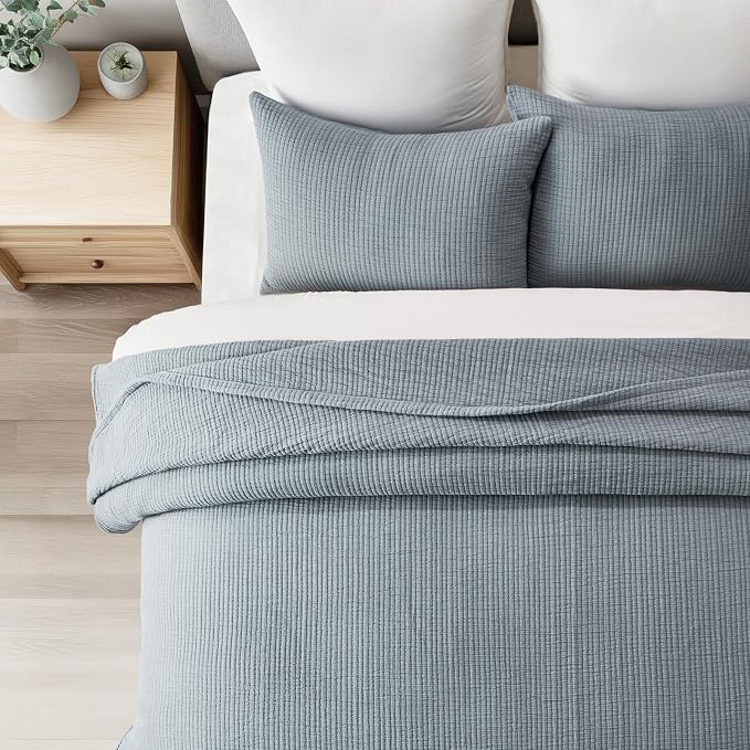 EVERGRACEHOME Cotton Gauze Matelassé Coverlet, Queen Size, Dusty Blue | Ultra - Image 2