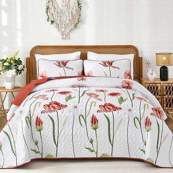 WONGS BEDDING Red Quilt Set King Size, Cute Red Floral Botanical Bedspread by WONGSBEDDING