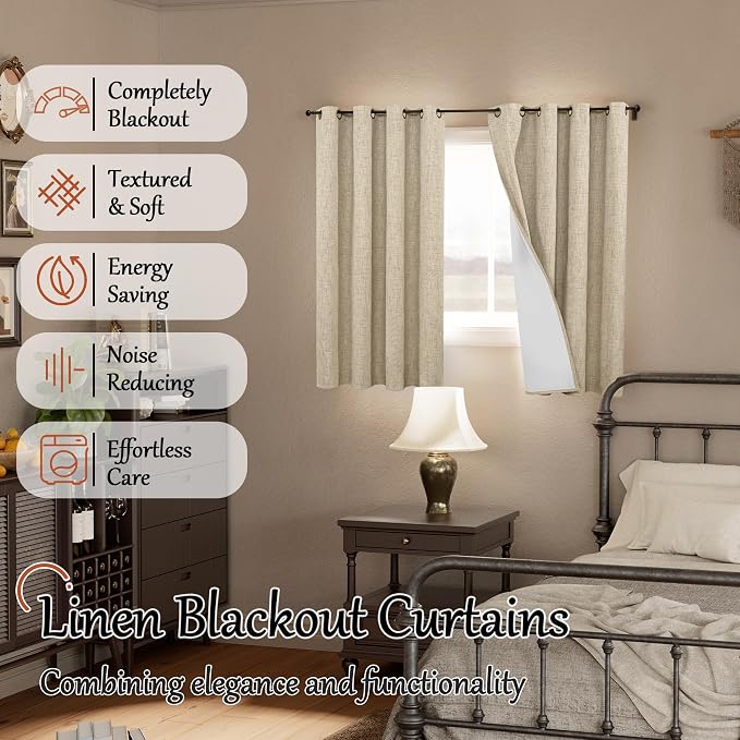 Linen Blackout Curtains 45 Inches Long, 2 Panels Each 52 Wide Burlap | Thermal - Image 2