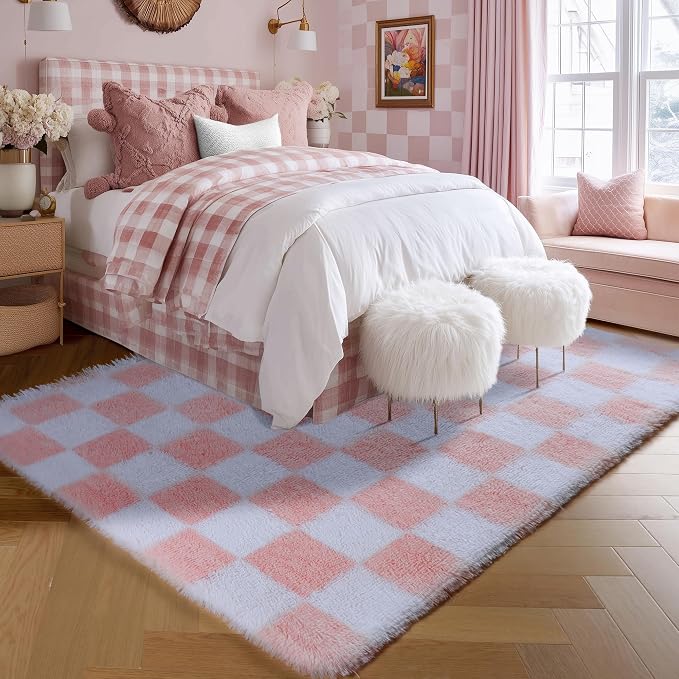 KICMOR Pink Rugs for Bedroom Girls, 3x5 Small Fluffy Soft Bedside Checkered - Image 4