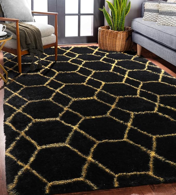 Area Rugs for Bedroom Living Room, 4x6 Fluffy Black and Gold Throw Rug - Image 2