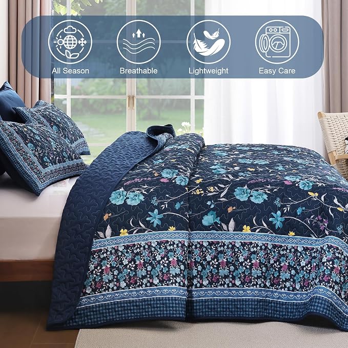WONGS BEDDING Floral Quilt Set King, Microfiber Lightweight Farmhouse Bed Cover - Image 5