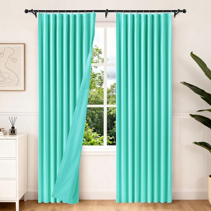 Etherealveil Turquoise Green Pinch Pleated Blackout Curtains 2P 60"x95" | Back by Etherealveil