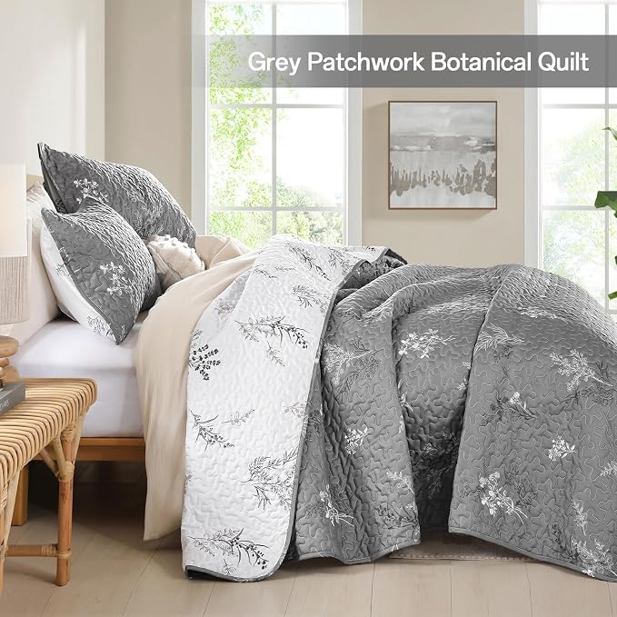 DJY King Size Grey Botanical Quilt Set, Floral Bedspread Coverlet | Lightweight - Image 5
