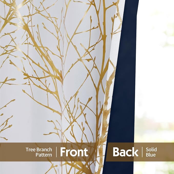 FMFUNCTEX 100% Blackout Ivory Gold Foil Tree Curtains 63 Inch Long 2 Panels | - Image 7