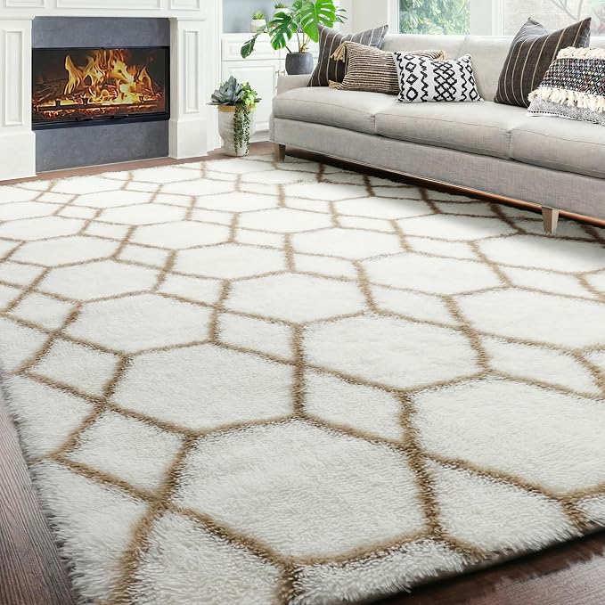 7x9 Area Rugs for Living Room Bedroom, Large Fluffy White and Beige Throw Rug - Image 4