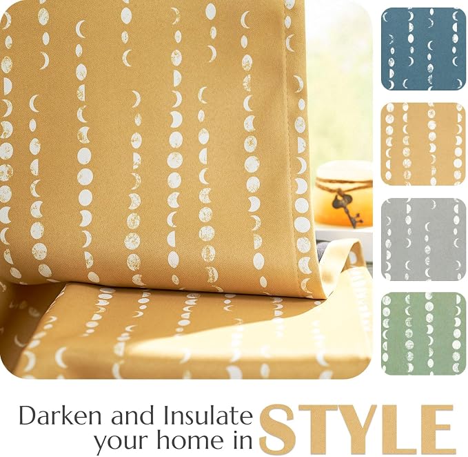 jinchan 95% Blackout Boho Curtains 84 Inches Long Mustard Moon Phases Printed - Image 5