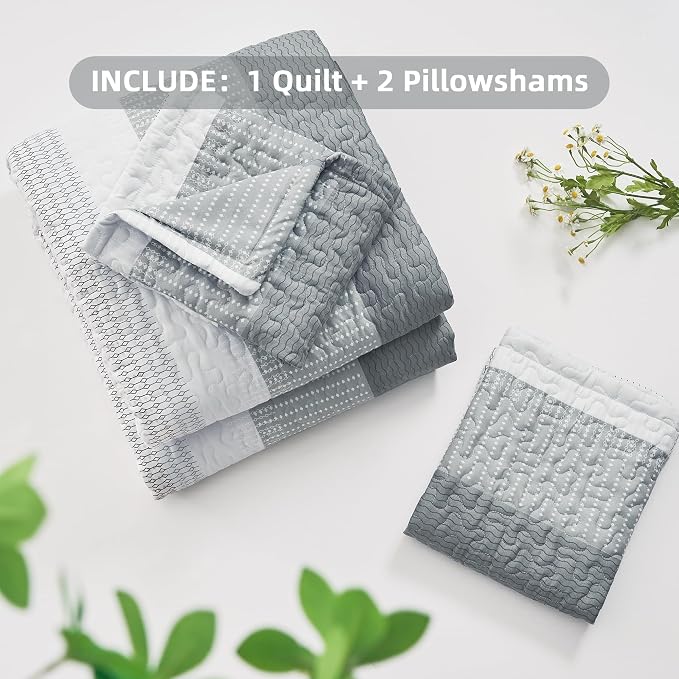 Queen Quilt Set Grey, 3 Pieces Striped Bedspread | Ultra Soft Summer - Image 7