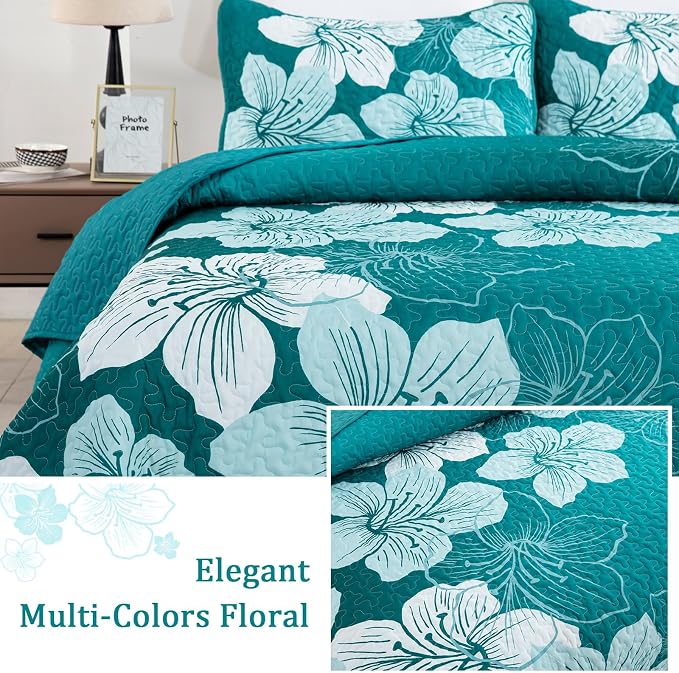 DJY 3 Pieces Quilt Set California King Gradient Green Floral Pattern Quilt - Image 3