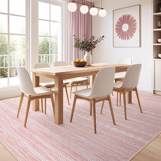 Nakagishi Boho 8x10 Area Rug Living Room Rugs Machine Washable Pink | Soft - Image 6