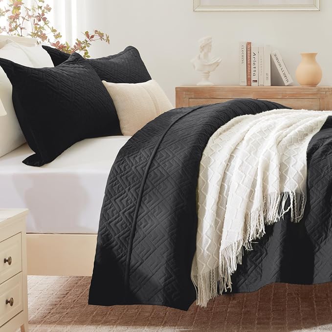 EXQ Home Twin Quilt Set Lightweight Squares Pattern Black Bedding Set | Soft - Image 2