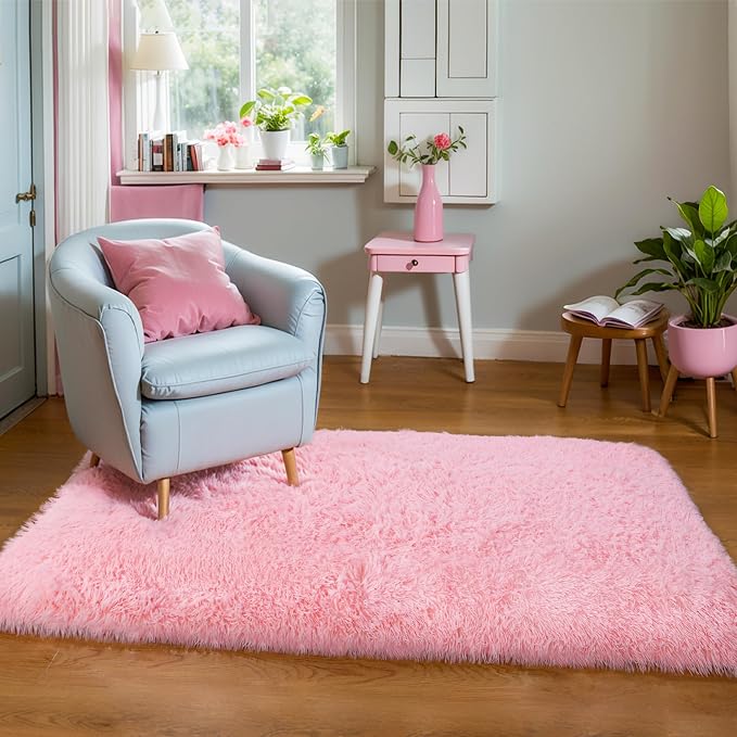 3x5 Thick Pink Fluffy Shag Rug for Girls Bedroom, Plush Carpet | Area Rug for by KICHOWUA