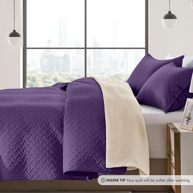 FLYMME Twin Quilt Set, Lightweight Purple Bedspreads, Basket Weave Pattern - Image 4