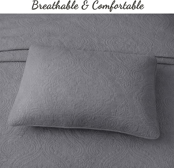 Cozy Line Home Fashions Charcoal Gray Cotton Quilt Set – 3-Piece Solid Textured - Image 2