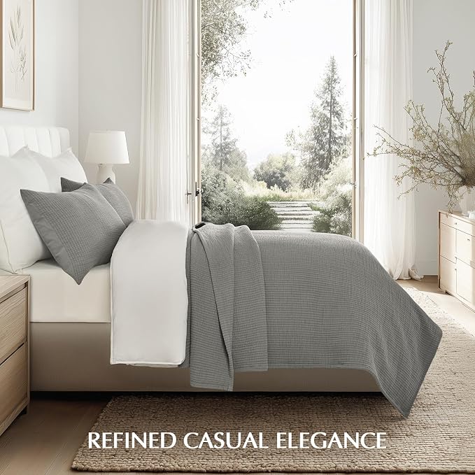EVERGRACEHOME Cotton Gauze Matelassé Coverlet, King Size, Fog Gray | Ultra Soft - Image 5