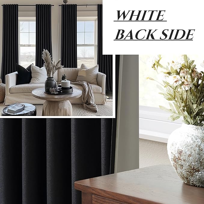 QJmydeco Black Boho Pleated Linen Curtains 105 Inch Floor to Ceiling - Image 6
