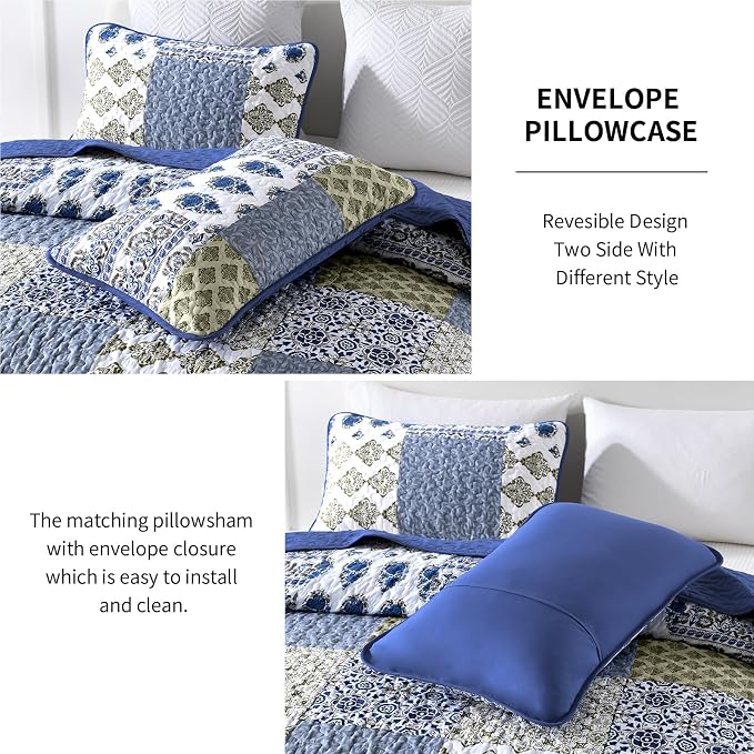 Mybedsoul Blue Quilt Set Queen Size 3 Pieces Boho Plaid Aqua Blue Floral - Image 4