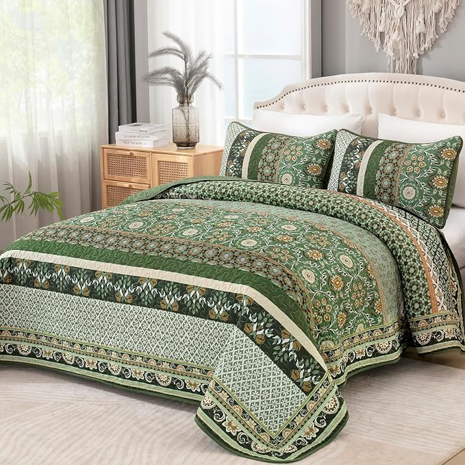 Yiran Quilts Queen Size, Fall Olive Green Bedspreads Bedding Set | Lightweight by Yiran