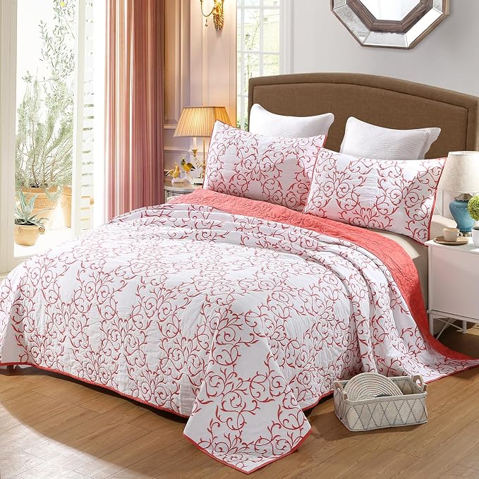 ROOMLIFE Quilt Set King Size 3D Floral Embroidery Pattern 3-Piece Cotton - Image 2