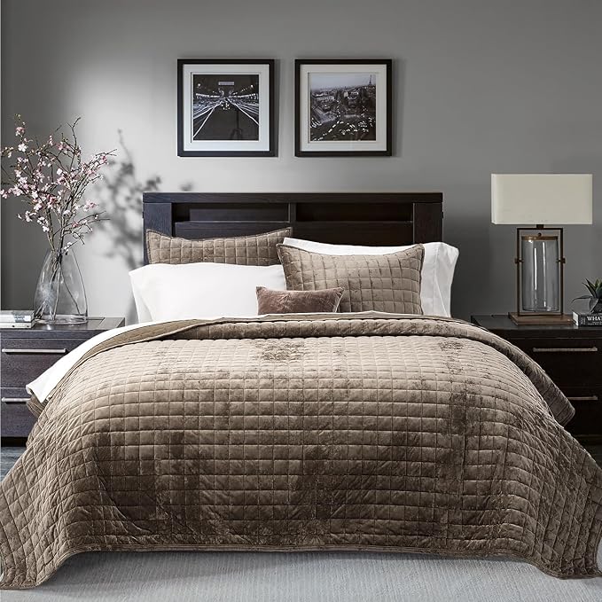 RECYCO Channel Box Stitch Velvet Quilt Set, Twin/Twin XL Size, Dune Brown | - Image 3
